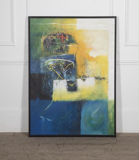 Large Contemporary Blue and Yellow Abstract Oil Painting WD2929821