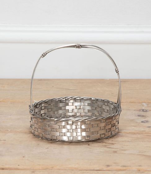 Mid Century Round Silver Plate Woven Bread Basket with Handle DA1534365