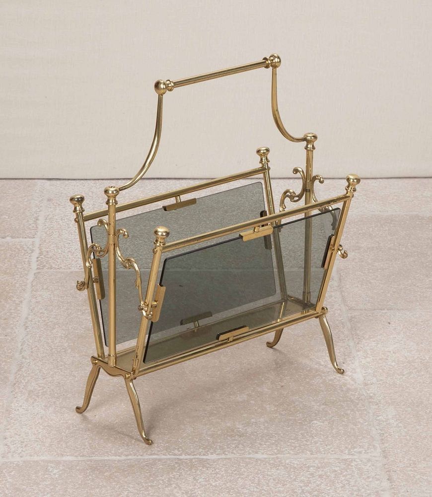 Mid-Century Spanish Brass and Glass Magazine Rack BK3842785