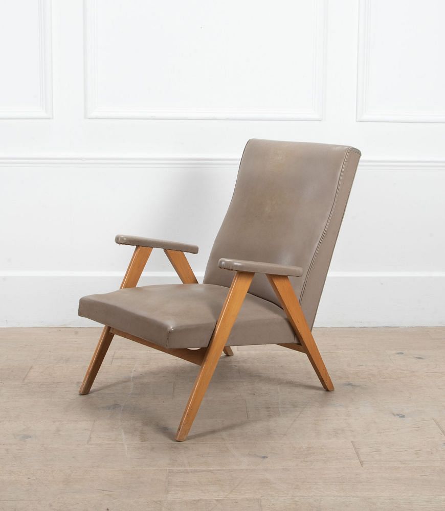 French 20th Century Compass Leg Armchair in Grey Skai CH2939538