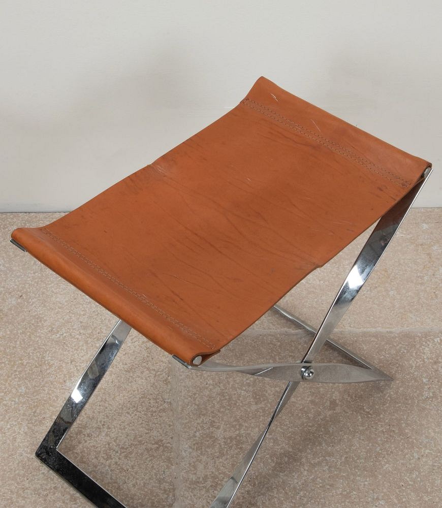 20th Century French Chrome and Leather Foldable Stool CH4641761