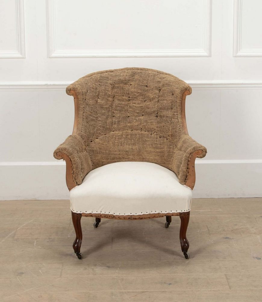 19th Century French Scroll Top Armchair in Hessian and Calico CH7241202