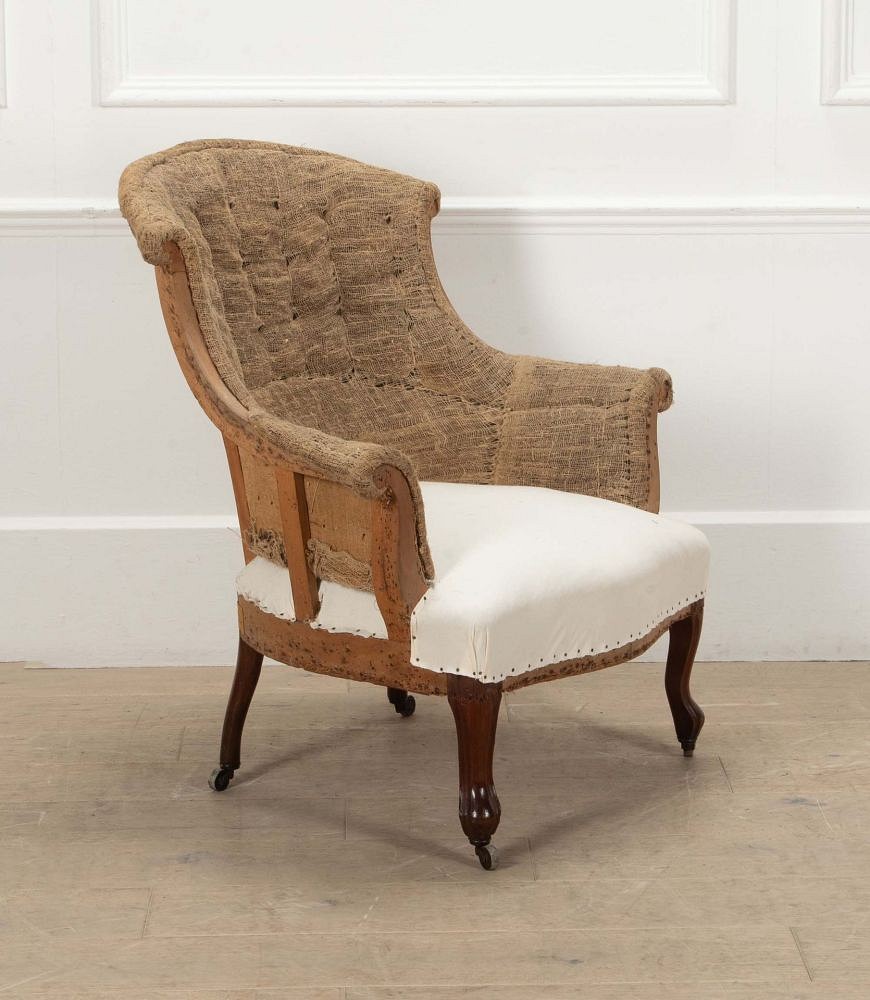 19th Century French Scroll Top Armchair in Hessian and Calico CH7241202