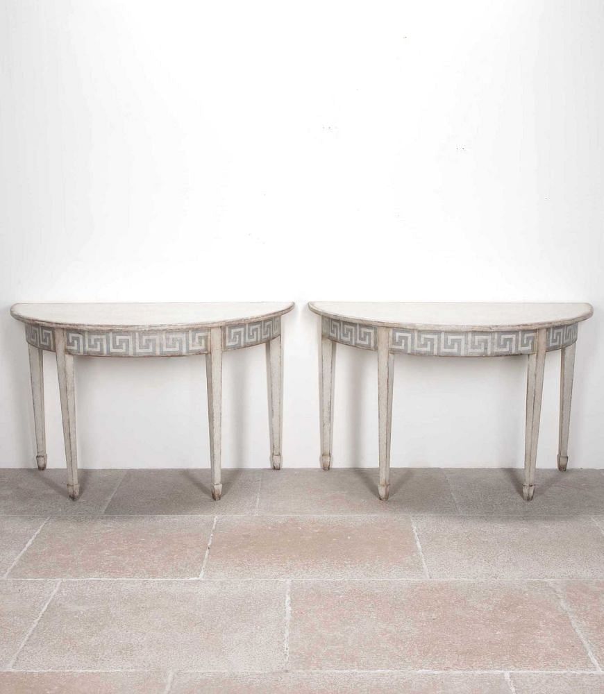 Pair of Late 19th Century Demi Lune Tables with Painted Greek Key Detail CO8341629
