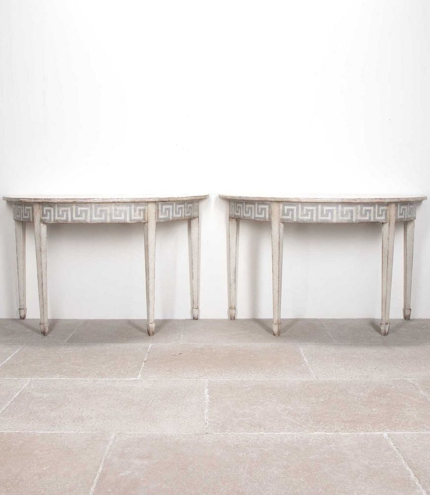 Pair of Late 19th Century Demi Lune Tables with Painted Greek Key Detail CO8341629