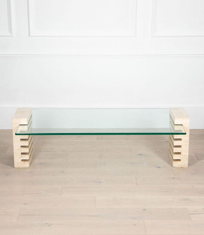 Mid-Century Italian Travertine and Glass Adjustable Coffee Table CT4635019