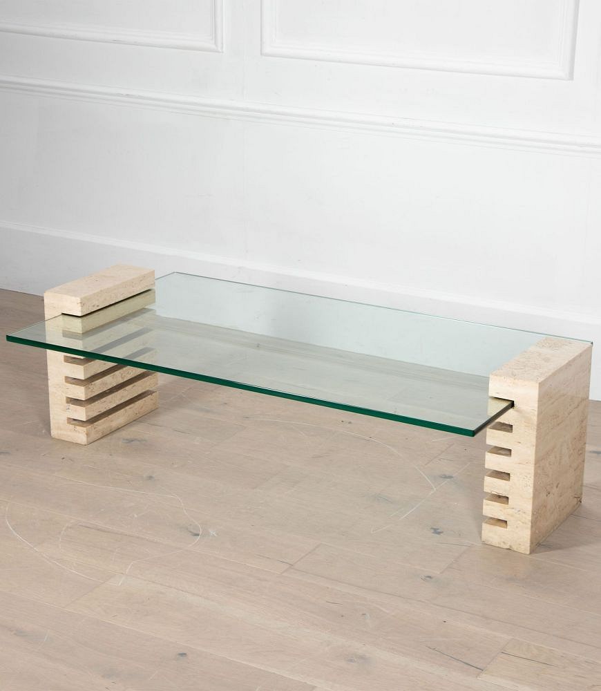 Mid-Century Italian Travertine and Glass Adjustable Coffee Table CT4635019