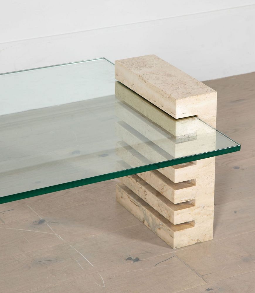 Mid-Century Italian Travertine and Glass Adjustable Coffee Table CT4635019