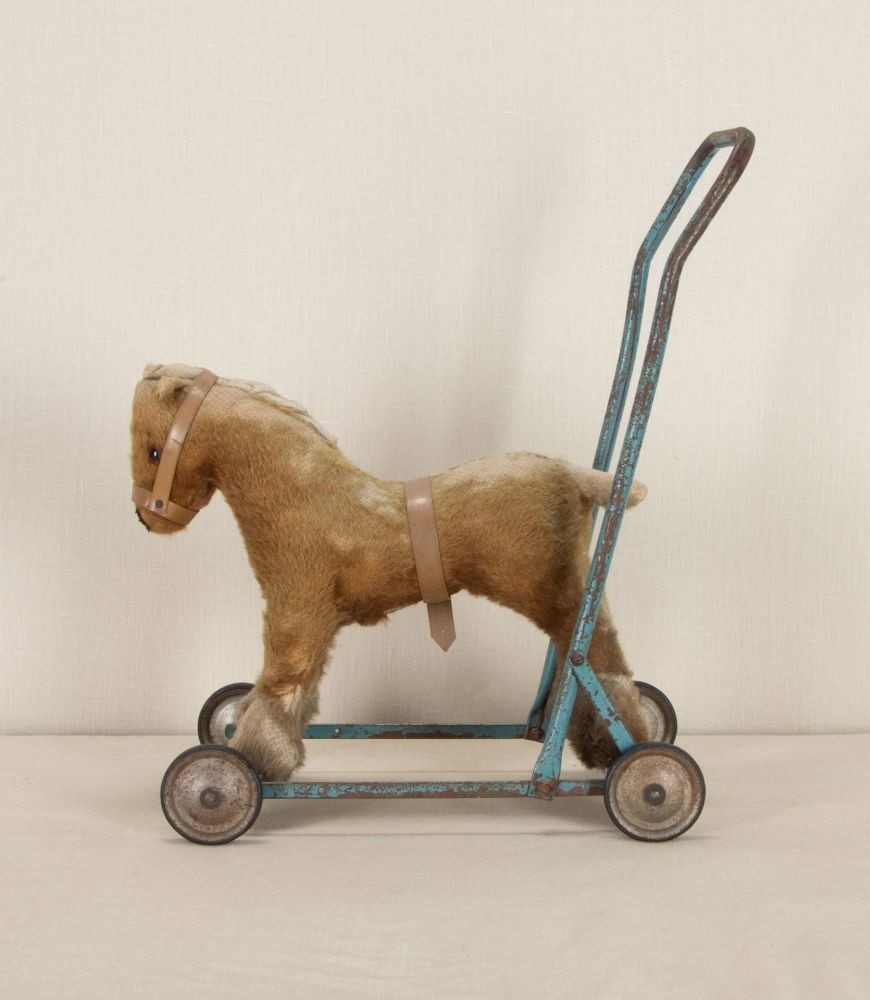 SALE: Small 20th Century English Stuffed Toy Horse on Wheels DA1343360