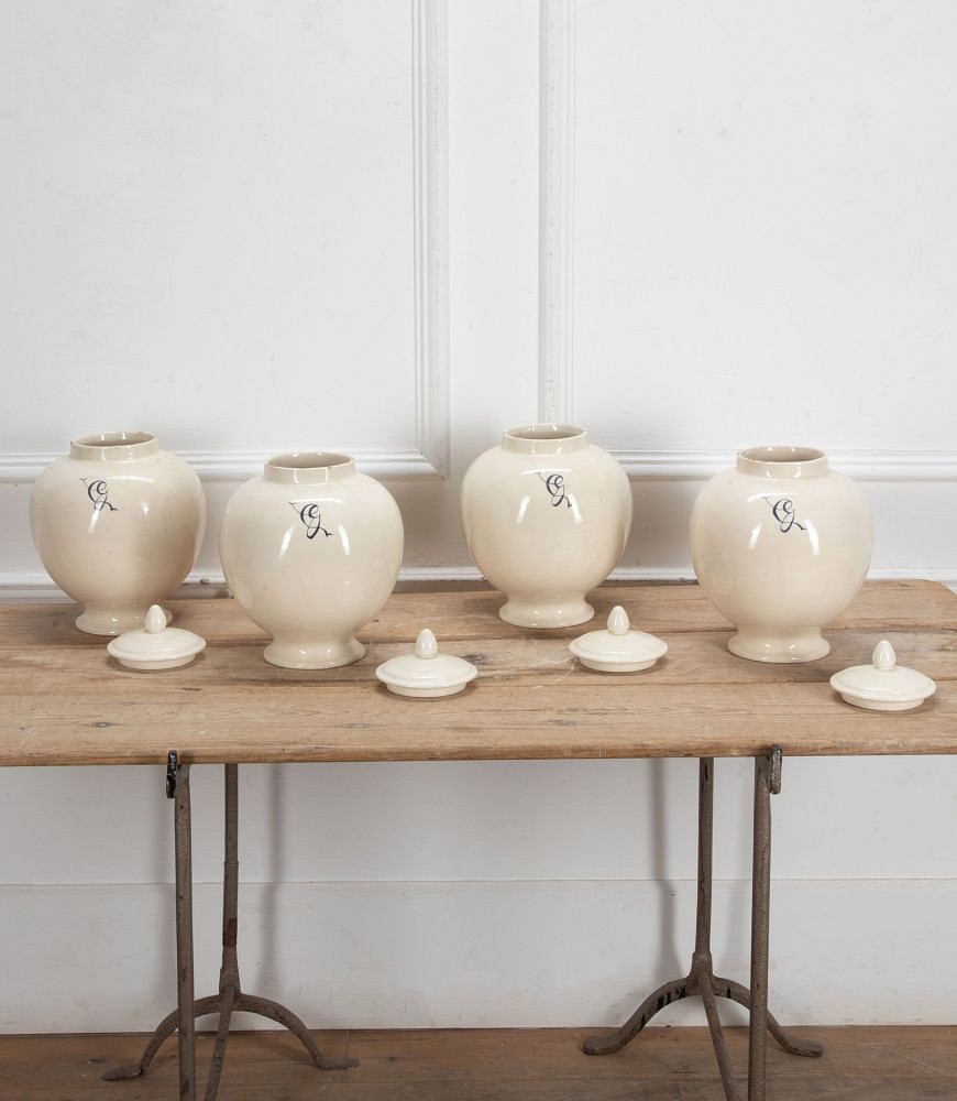 Set of Four Large 20th Century Italian White Tin Glazed 'Globe' Apothecary Jars with Lids DA2341374