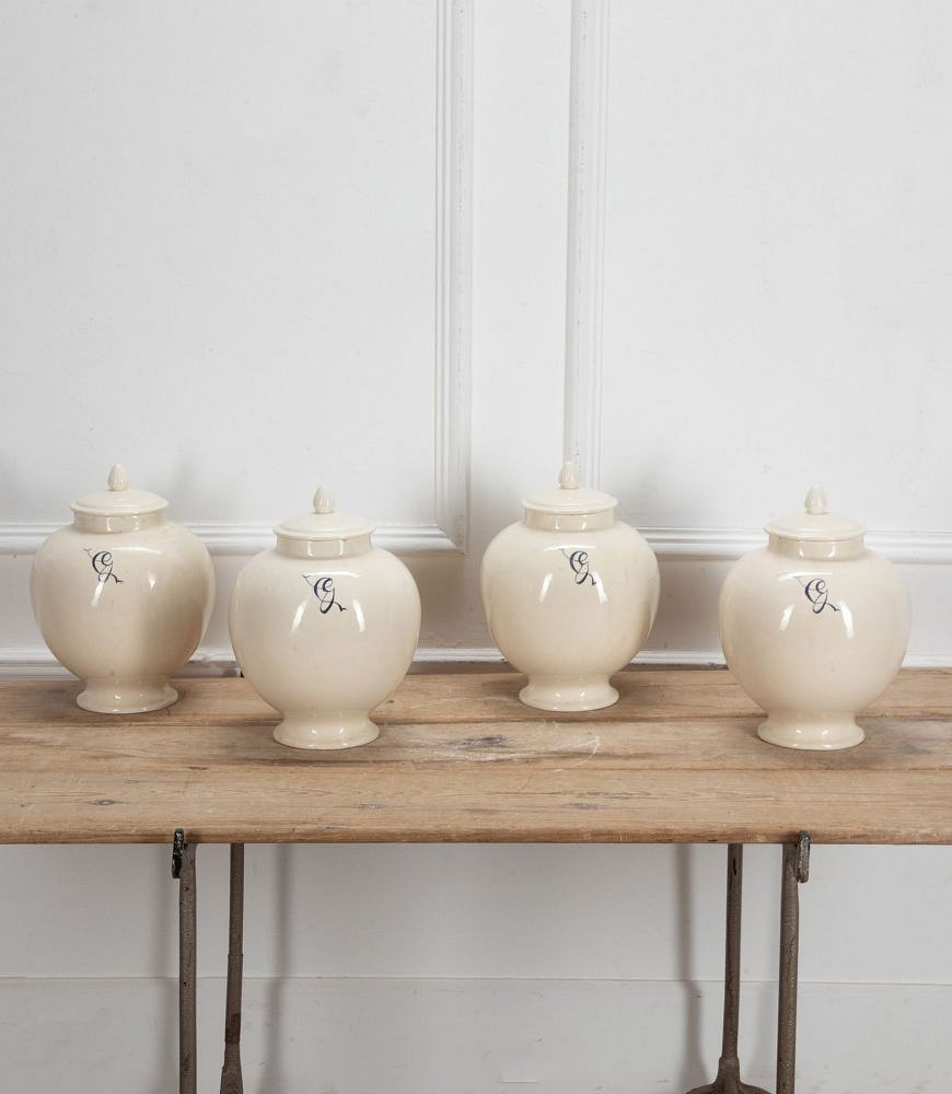 Set of Four Large 20th Century Italian White Tin Glazed 'Globe' Apothecary Jars with Lids DA2341374