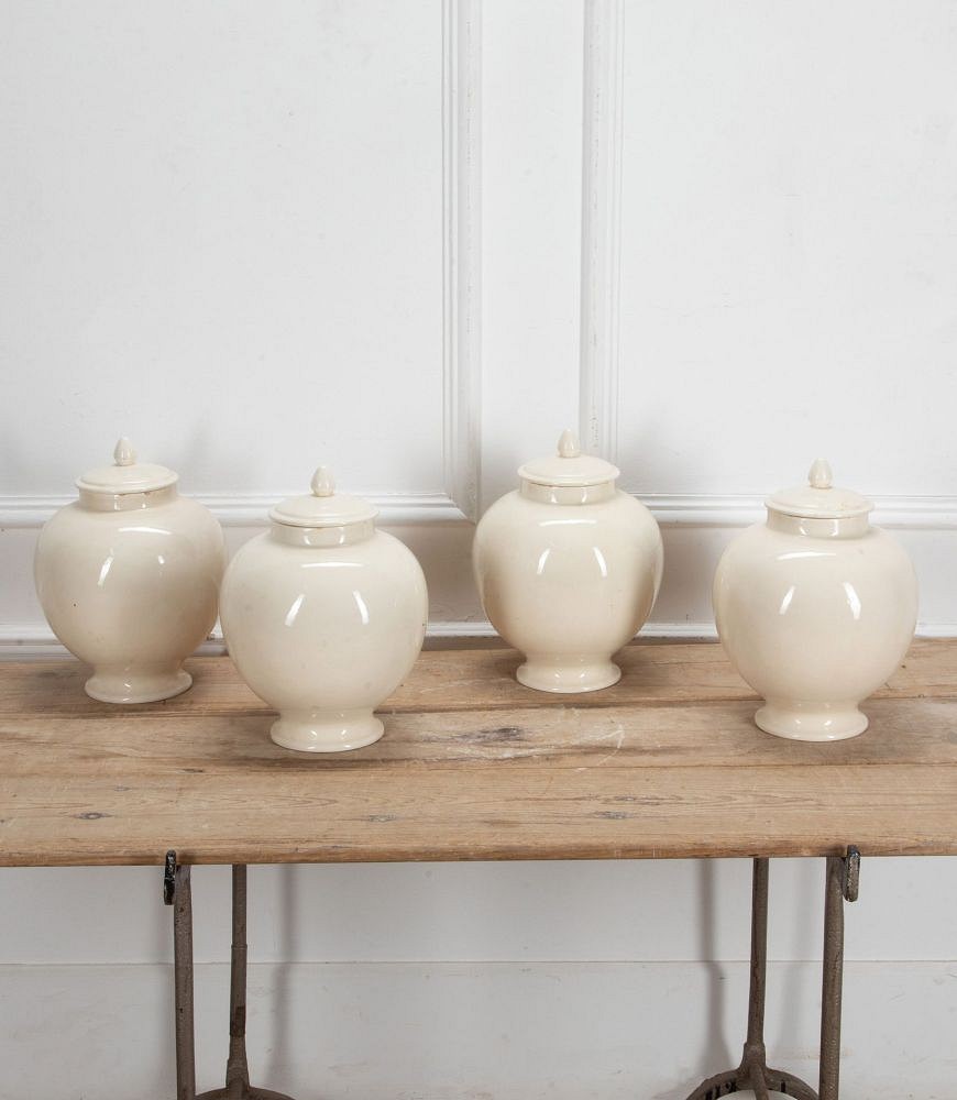 Set of Four Large 20th Century Italian White Tin Glazed 'Globe' Apothecary Jars with Lids DA2341374