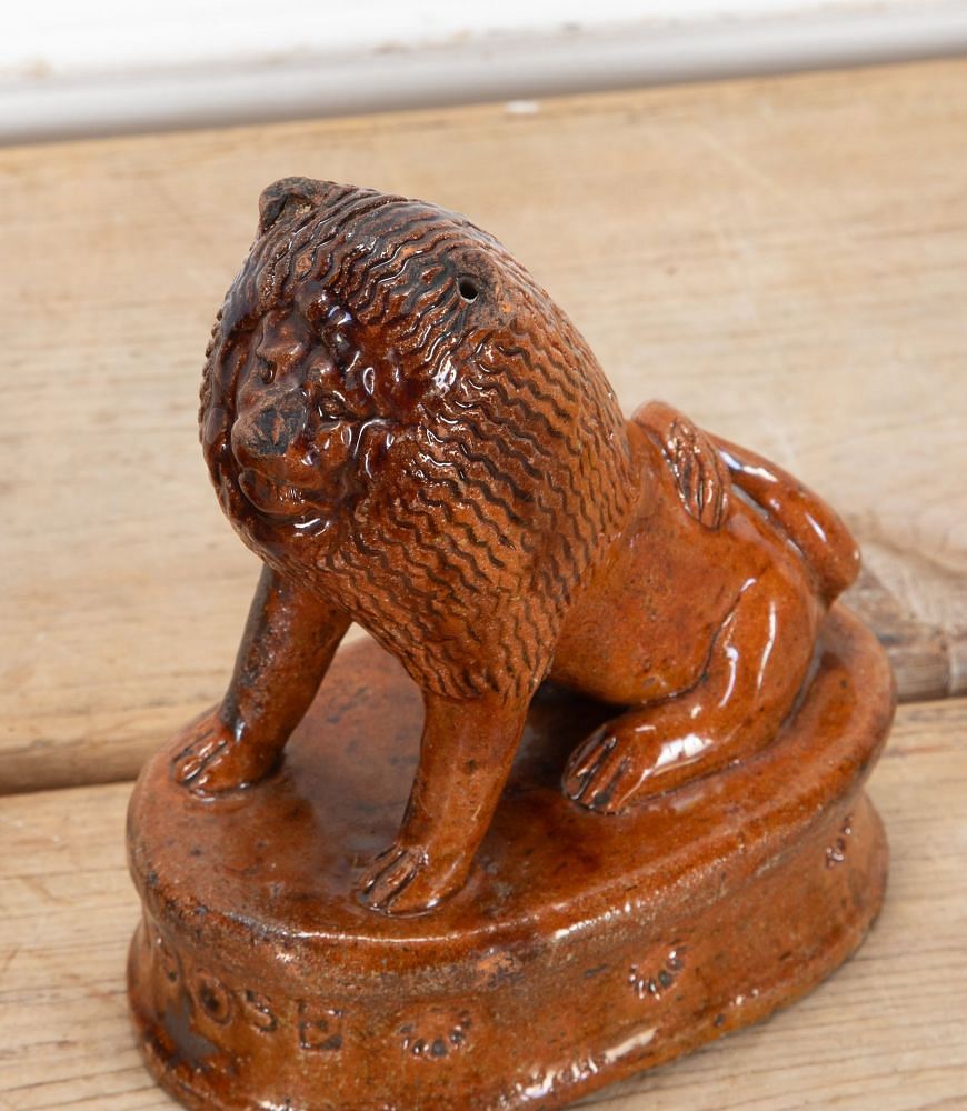 Pair of Early 20th Century English Terracotta Treacle Glazed Staffordshire Lions DA3438703