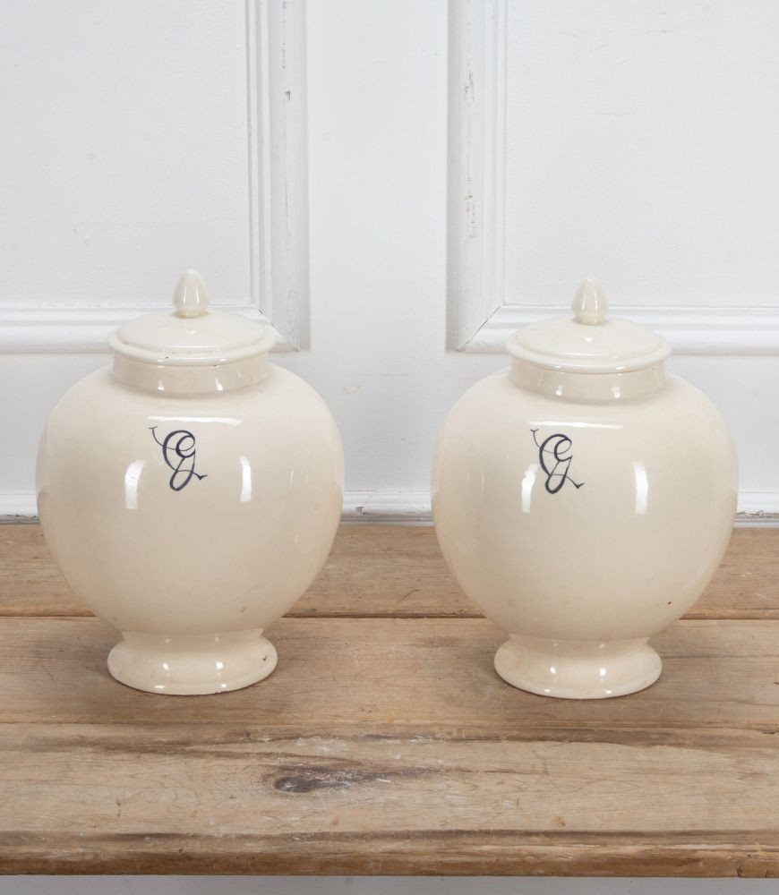 Pair of Large 20th Century Italian White Tin Glazed 'Globe' Apothecary Jars DA3439389