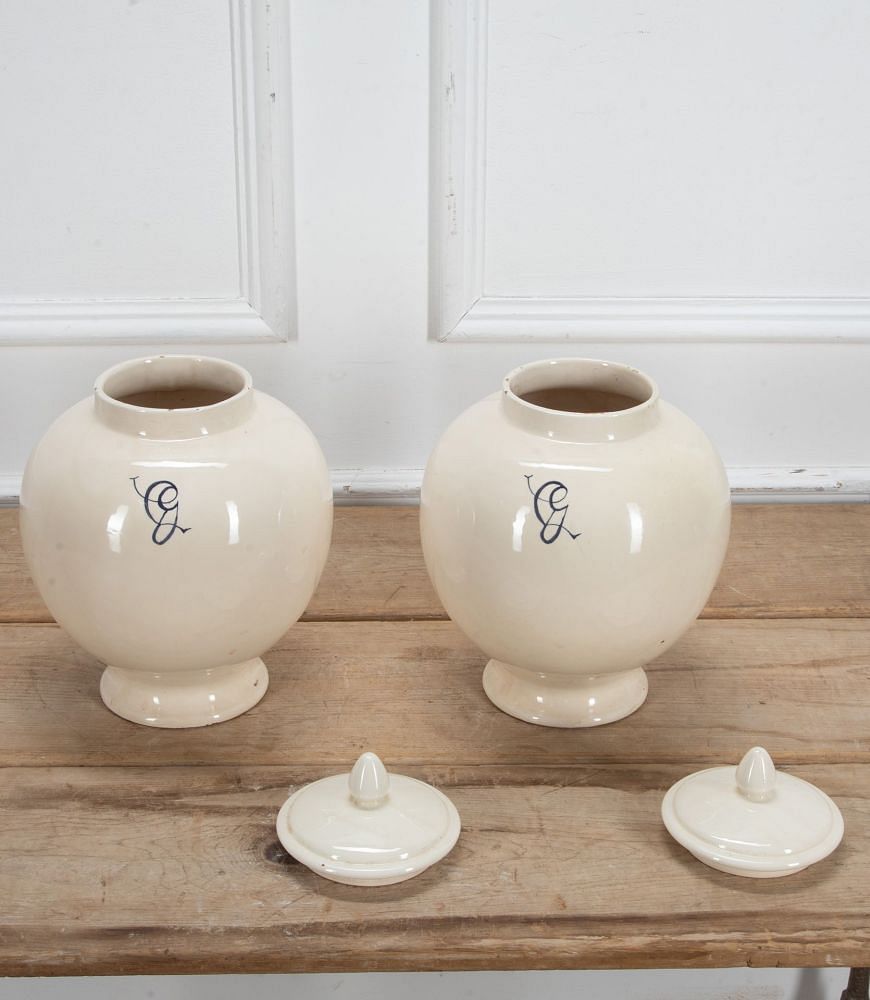 Pair of Large 20th Century Italian White Tin Glazed 'Globe' Apothecary Jars DA3439389
