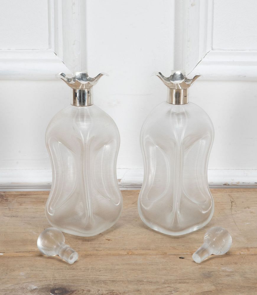 Pair of Victorian Ribbed Glass Glug Decanters with Silver Collar DA5839083