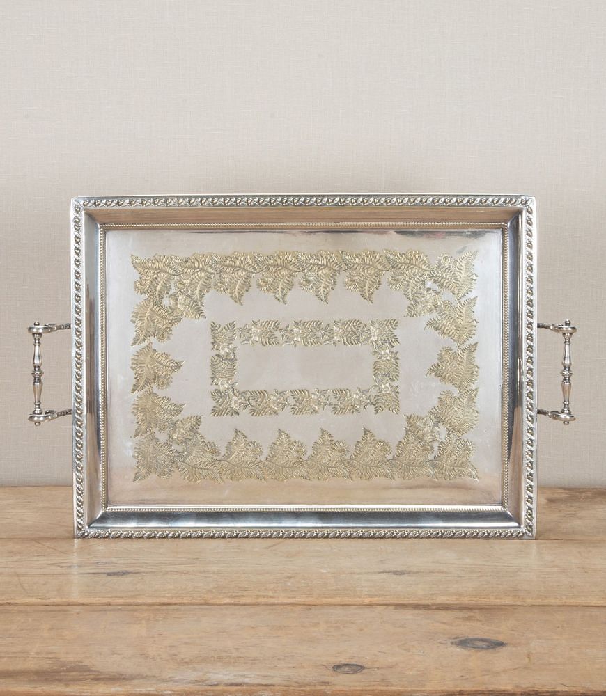 19th Century English Engraved Fern & Acorn Relief Twin Handled Serving Tray DA5842641
