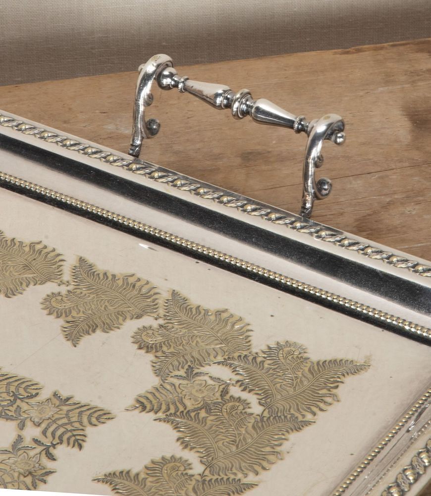 19th Century English Engraved Fern & Acorn Relief Twin Handled Serving Tray DA5842641