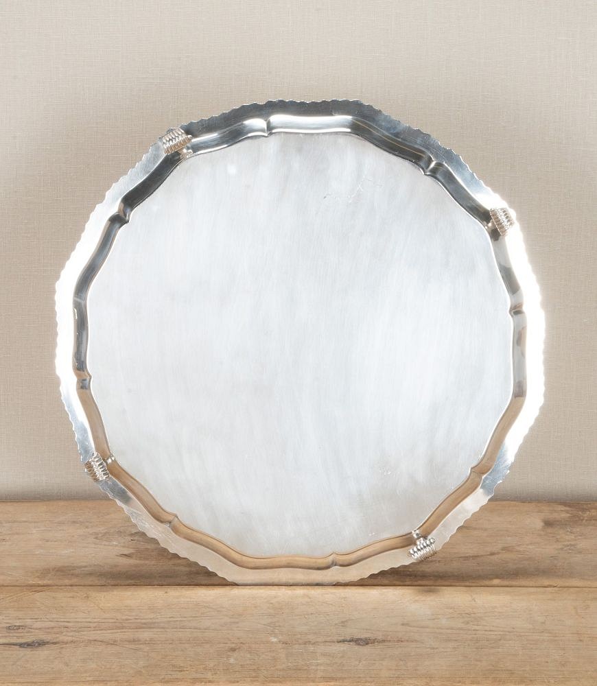 Large 20th Century Round Silver Plated Serving Tray with Four Scroll Feet DA5842647