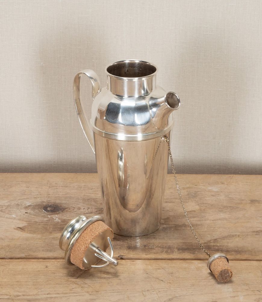 Art Deco Two Pint Silver Plated Side Handle Cocktail Shaker with Cork Stoppers DA5842662