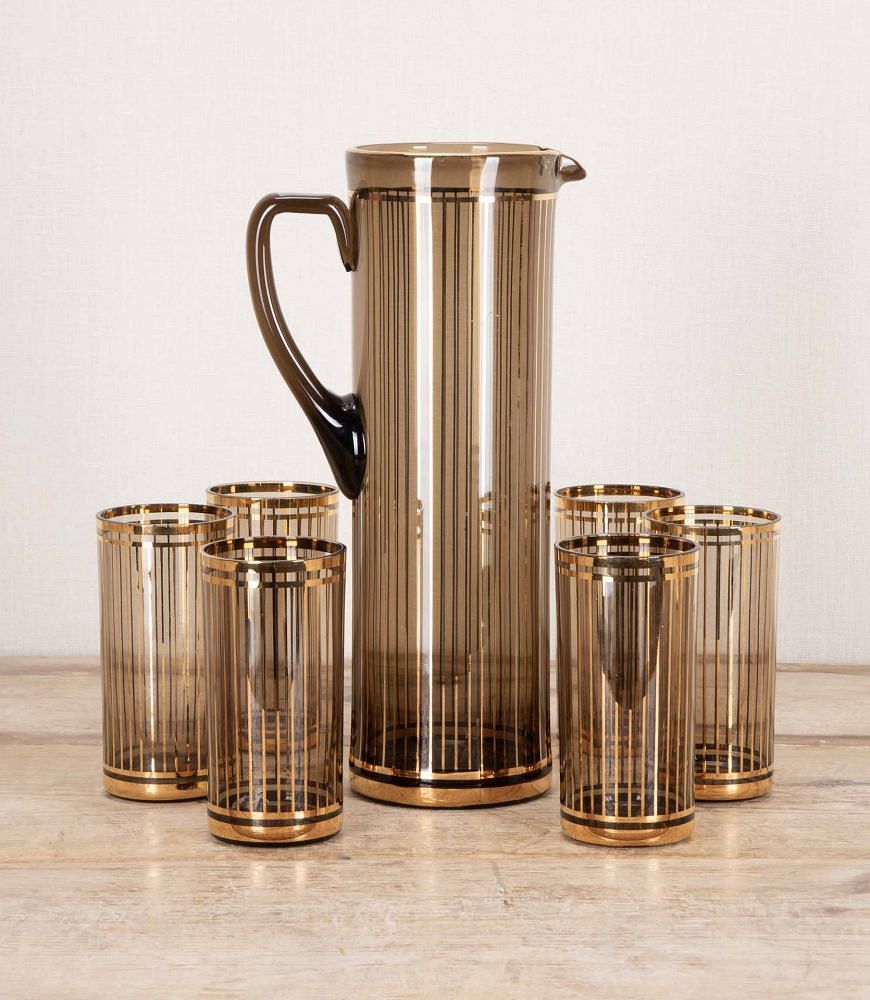 Mid-Century American 22 Carat Gold & Smoked Glass Cocktail Jug & Tumblers Set DA5843457
