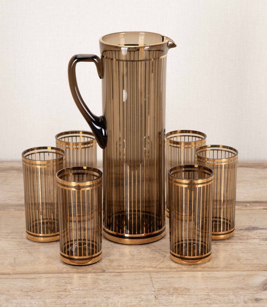 Mid-Century American 22 Carat Gold & Smoked Glass Cocktail Jug & Tumblers Set DA5843457