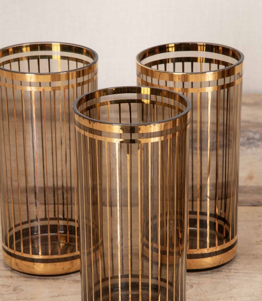 Mid-Century American 22 Carat Gold & Smoked Glass Cocktail Jug & Tumblers Set DA5843457