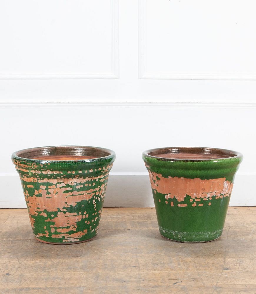 Pair of Large Early 20th Century French Green Glazed Earthenware Planters GA3439220