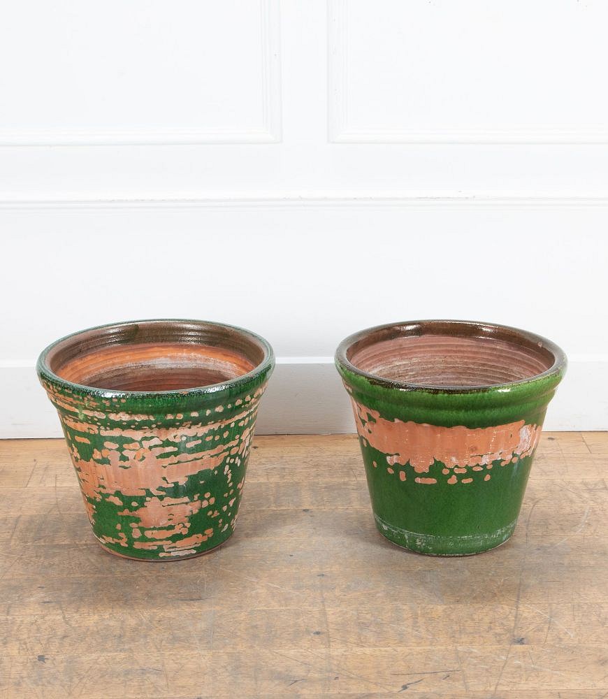 Pair of Large Early 20th Century French Green Glazed Earthenware Planters GA3439220