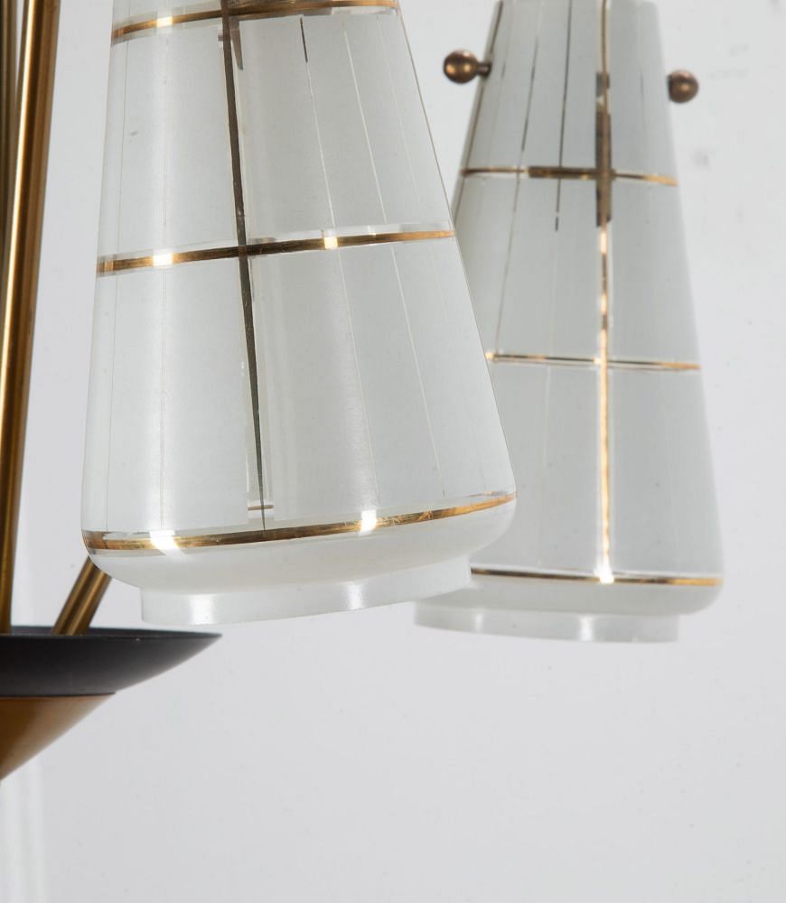 Mid-Century Italian Brass and Enamel Three Arm Chandelier LL5840228