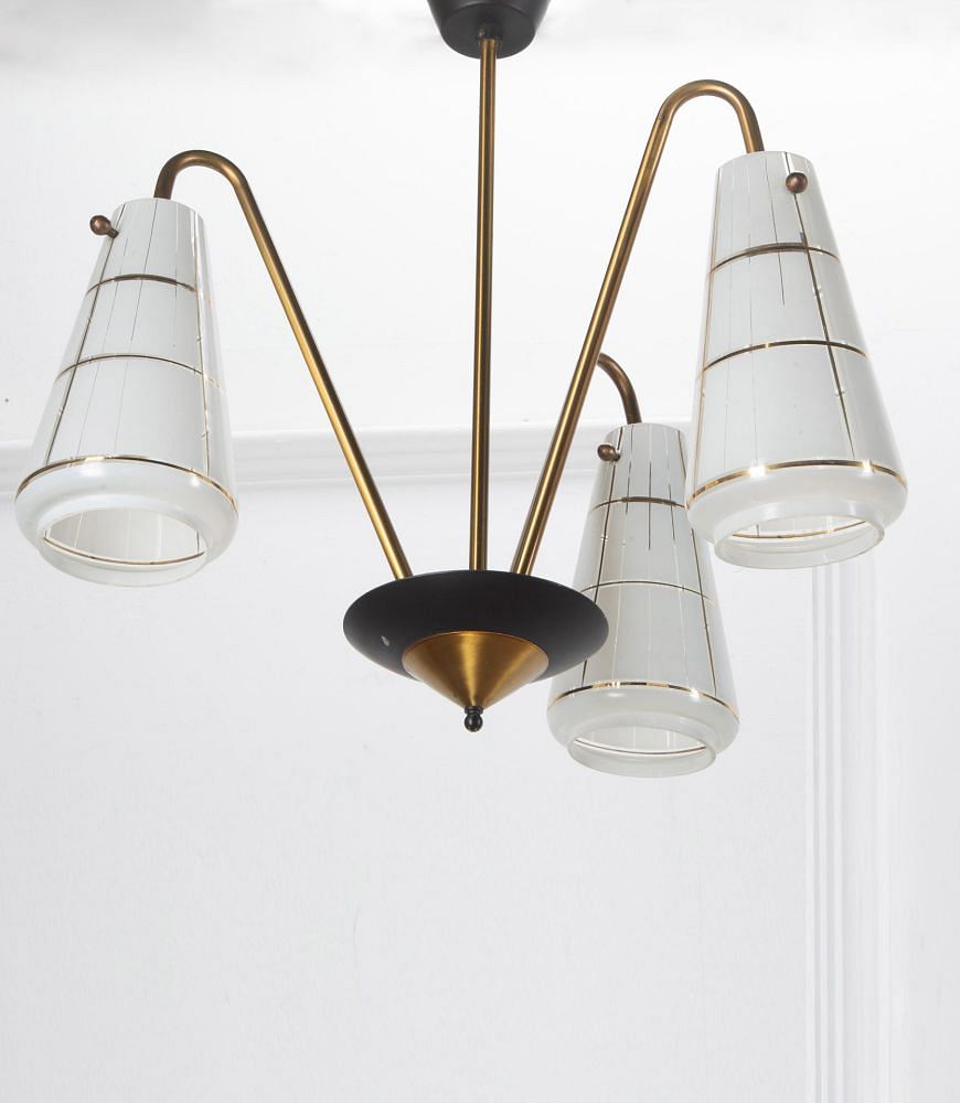 Mid-Century Italian Brass and Enamel Three Arm Chandelier LL5840228