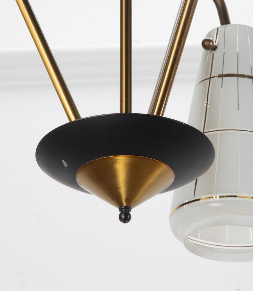Mid-Century Italian Brass and Enamel Three Arm Chandelier LL5840228
