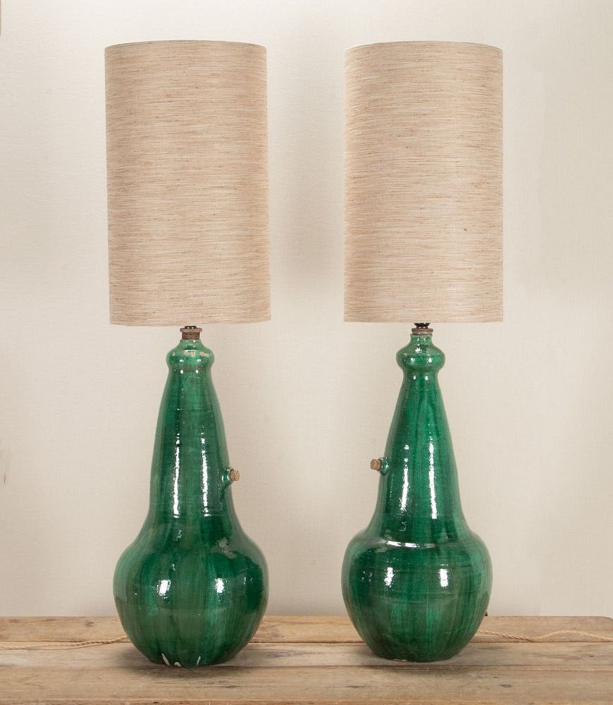 Large Pair of Mid-Century Italian Green Glaze Earthenware Wine Jar Lamps LT3442956