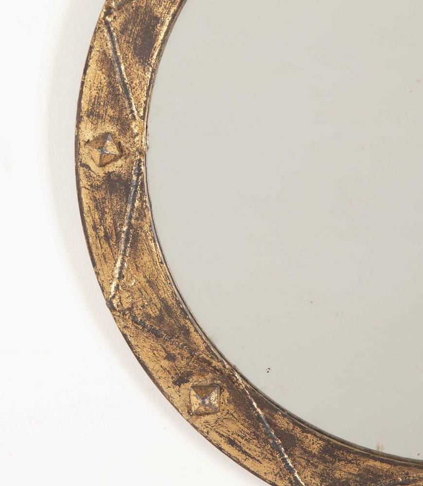 Mid-Century Spanish Round Gilt Metal and Leather Mirror MI3842779
