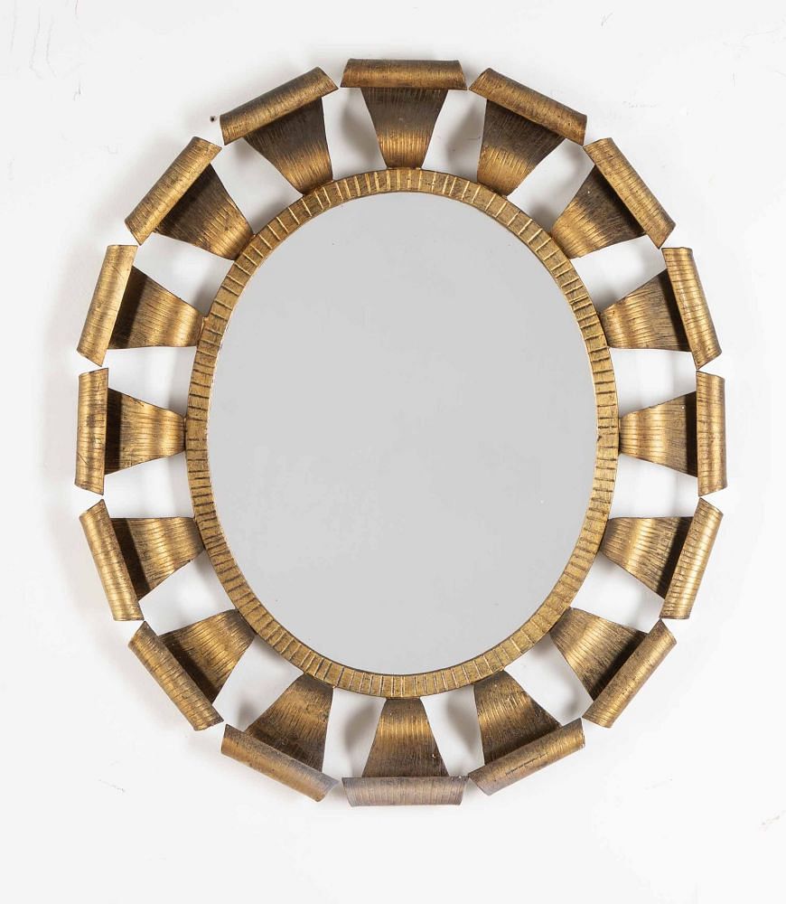 20th Century Spanish Brutalist Oval Gilt Metal Mirror MI3842788