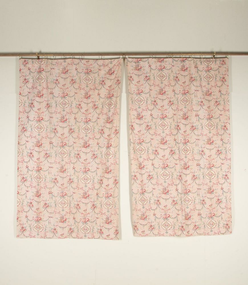 Large Set of 19th Century French Roses & Birds Linen Cotton Curtains RT4242532