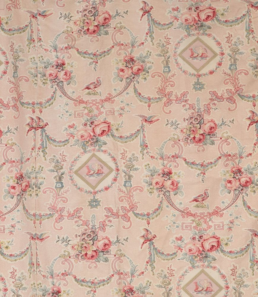 Large Set of 19th Century French Roses & Birds Linen Cotton Curtains RT4242532