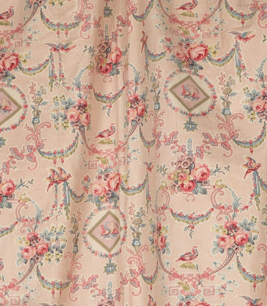 Large Set of 19th Century French Roses & Birds Linen Cotton Curtains RT4242532