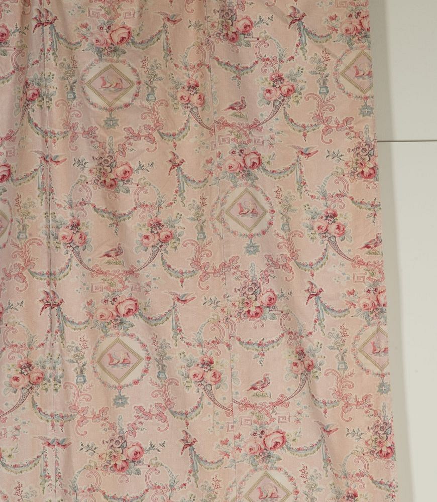 Large Set of 19th Century French Roses & Birds Linen Cotton Curtains RT4242532