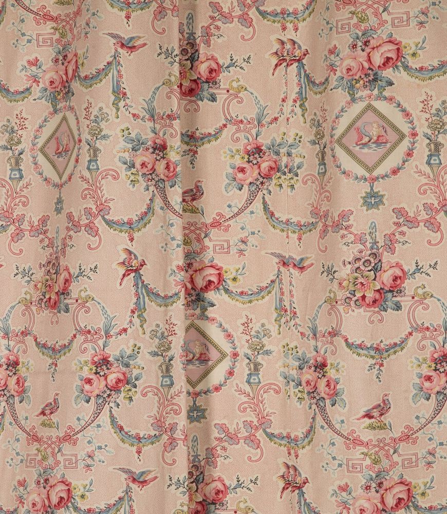 Large Set of 19th Century French Roses & Birds Linen Cotton Curtains RT4242532