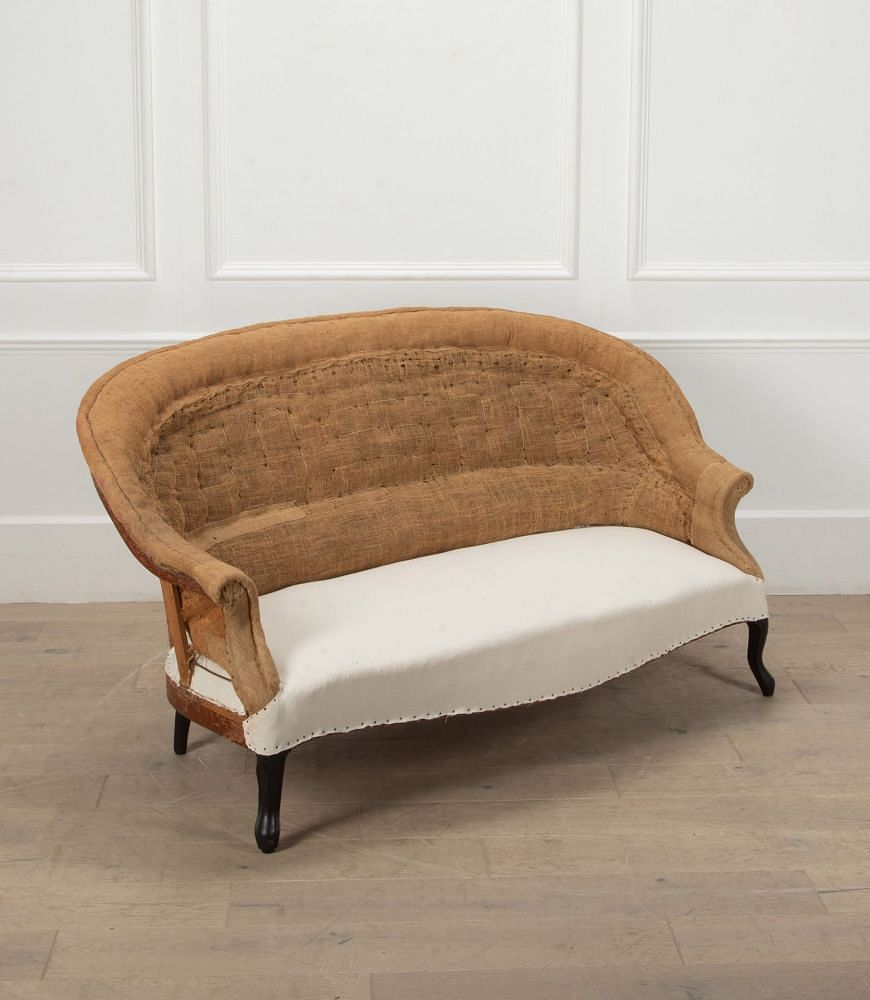 Large 19th Century French Round Back Sofa in Hessian and Calico SB7241206
