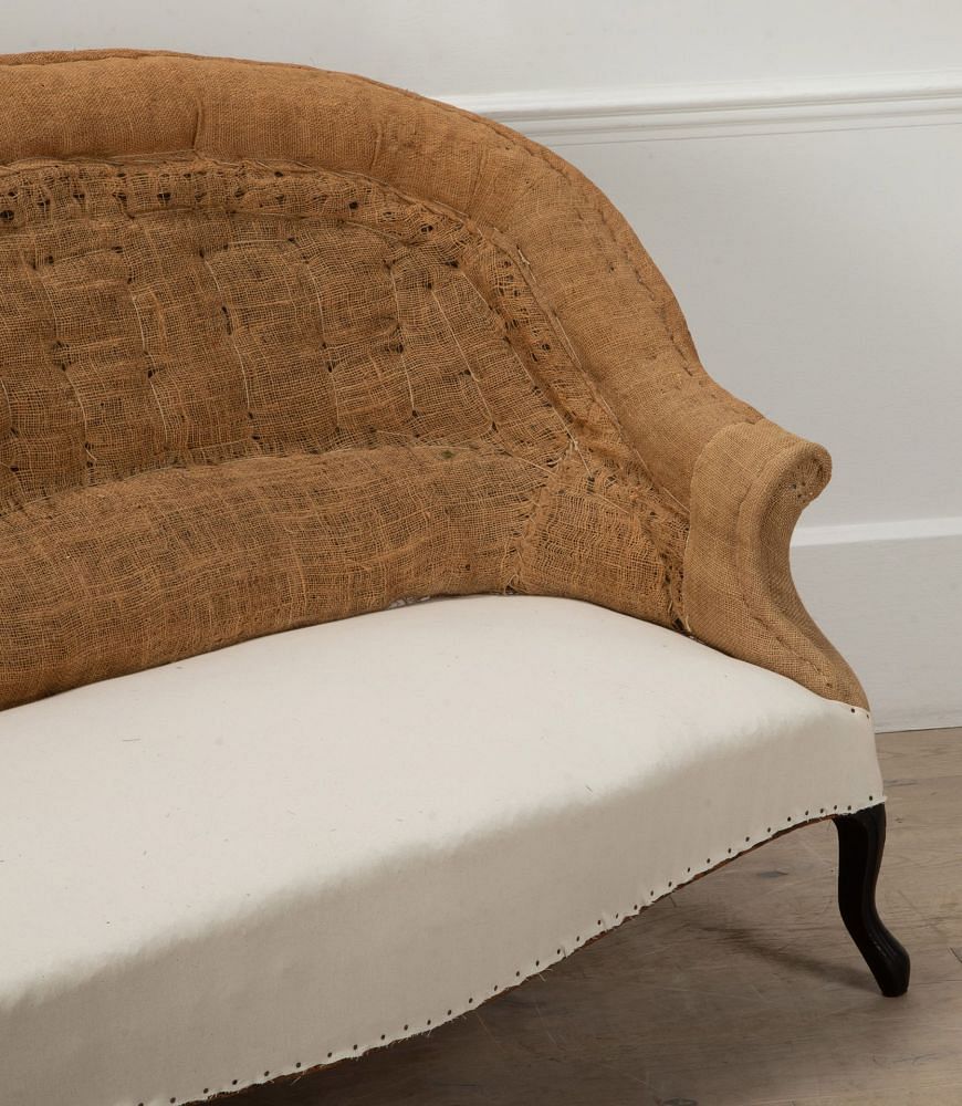 Large 19th Century French Round Back Sofa in Hessian and Calico SB7241206