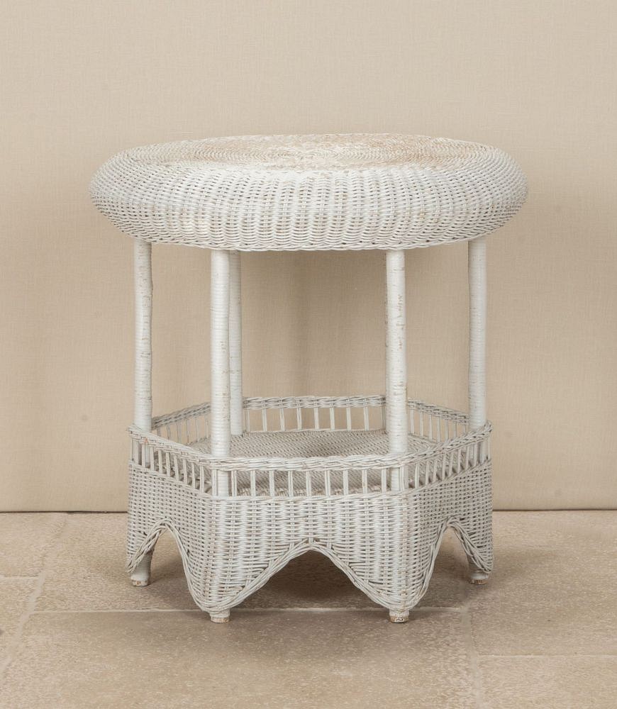 20th Century French White Painted Circular Rattan Two Tier Table TA2942994