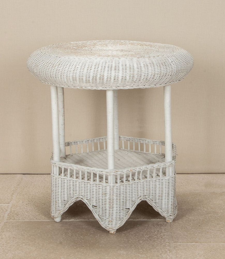20th Century French White Painted Circular Rattan Two Tier Table TA2942994