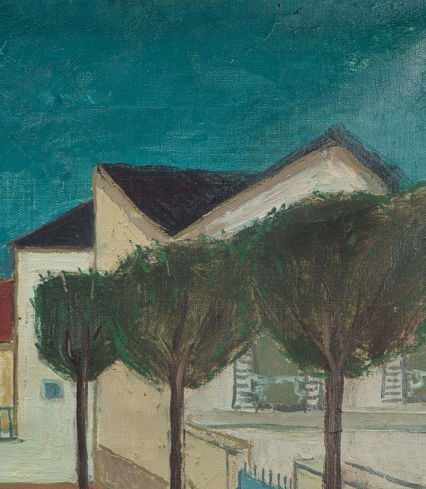 Mid-Century Swedish Oil on Canvas Painting of a French Town Square WD1241748
