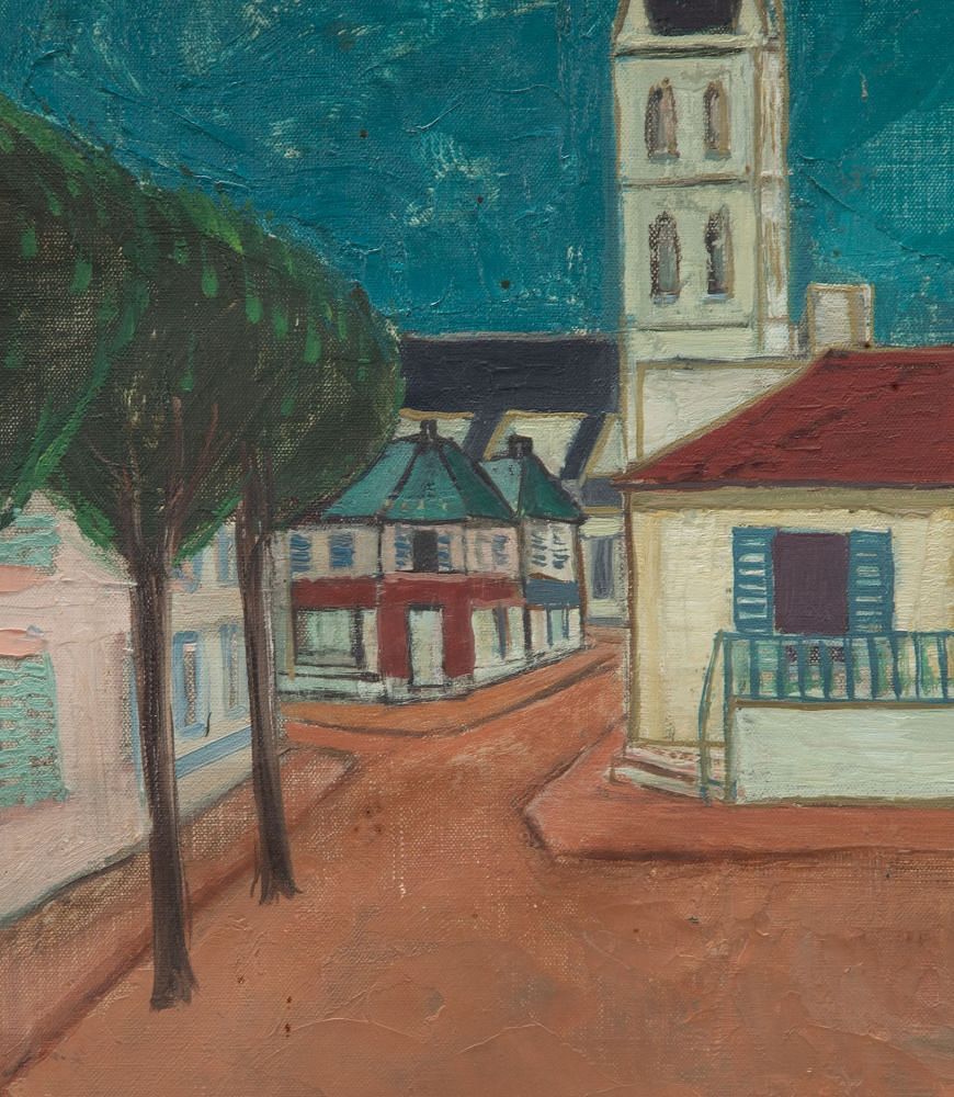 Mid-Century Swedish Oil on Canvas Painting of a French Town Square WD1241748