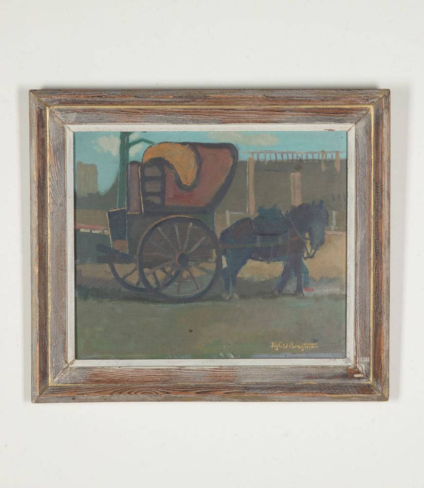 Mid-Century Swedish Original Oil on Board Painting 'Horse and Buggy' WD1243044