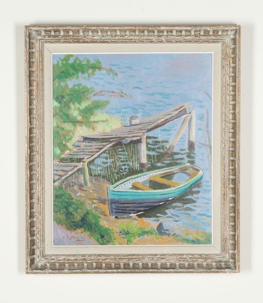 Mid-Century Swedish Oil on Board Painting 'An Old Boat at a Jetty' by Jurgen von Konow WD1243055