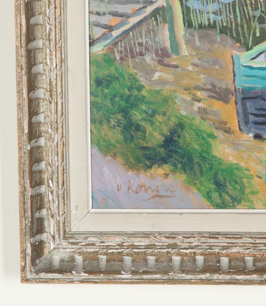 Mid-Century Swedish Oil on Board Painting 'An Old Boat at a Jetty' by Jurgen von Konow WD1243055