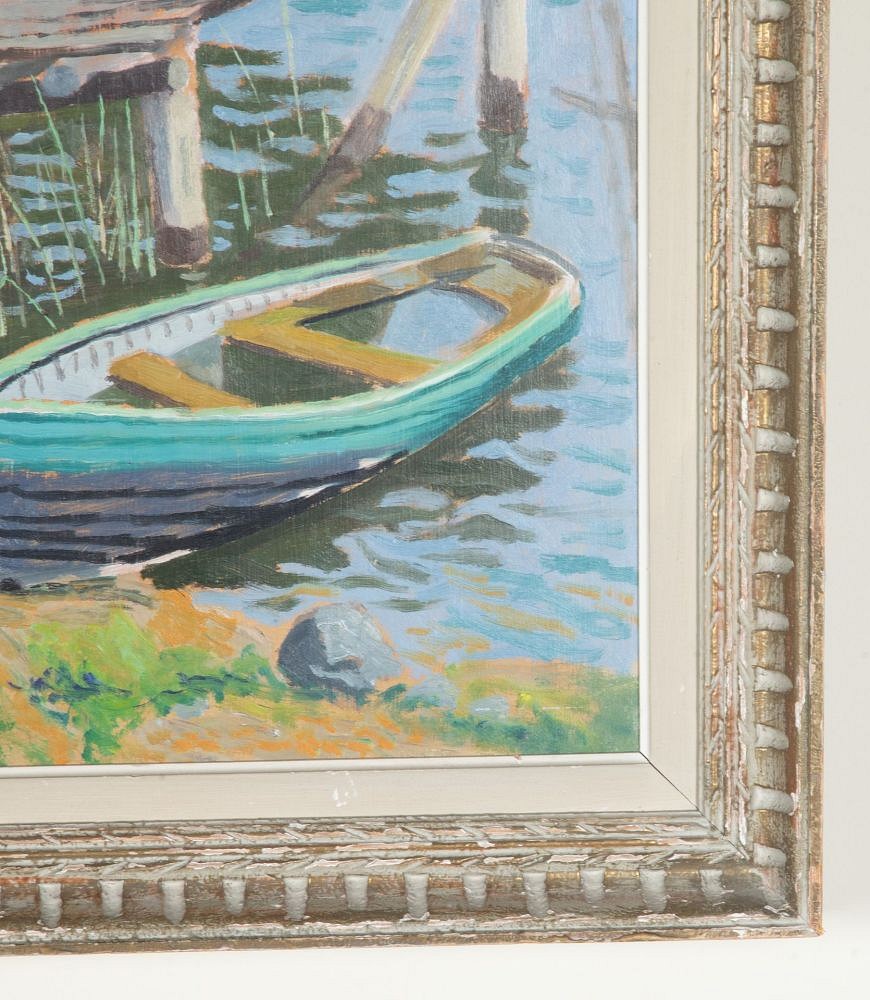 Mid-Century Swedish Oil on Board Painting 'An Old Boat at a Jetty' by Jurgen von Konow WD1243055